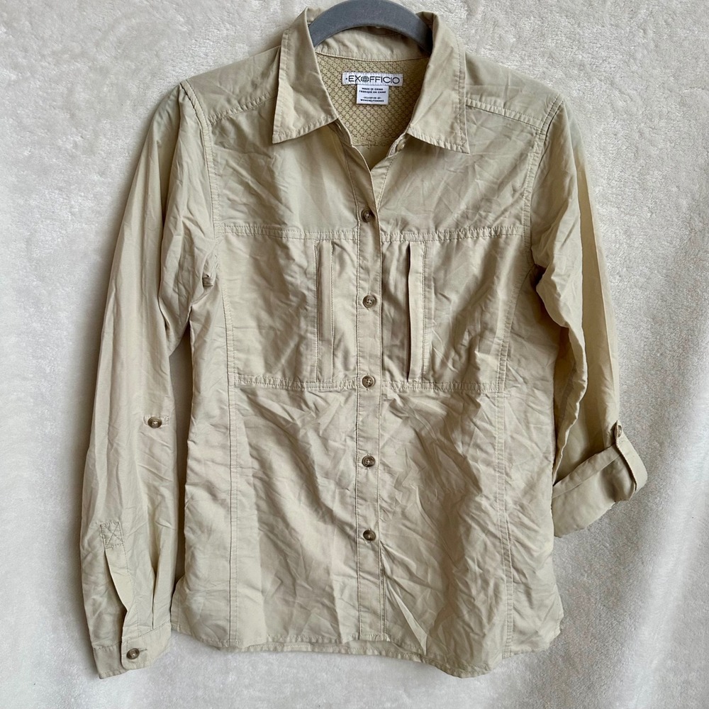 ExOfficio Khaki Vented Hiking Travel Shirt Roll Tab Sleeve Pockets Womens XS